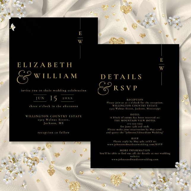 Invitation Mariage Moderne Monogramme Tout En Noir Et Or (Black And Gold All In One Modern Monogram Wedding Invitation)