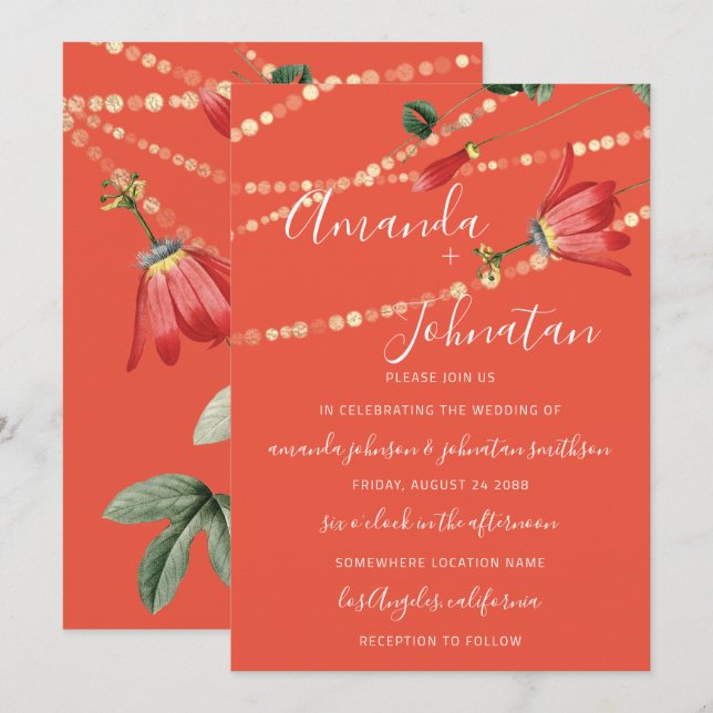 Invitation Mariage Moderne Monogramme Vivid Coral Lumières Or (Devant / Derrière)