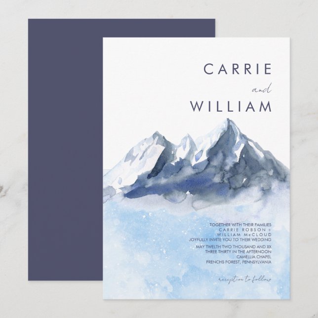 Invitation Mariage Moderne Montagne Hivernale (Devant / Derrière)