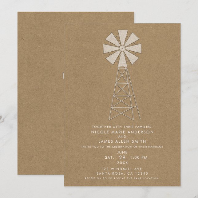 Invitation Mariage Moderne Moulin à Vent de Ferme en Kraft Br (Devant / Derrière)