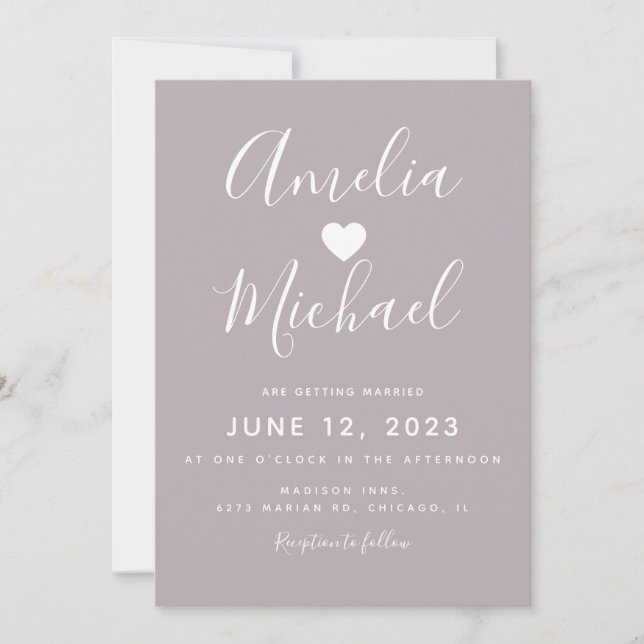 Invitation Mariage Moderne Muet Violet Simple Cœur (Devant)