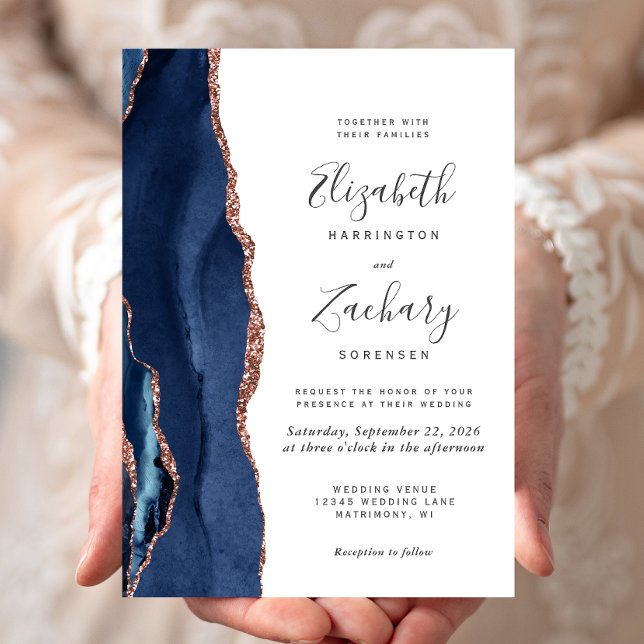 Invitation Mariage Moderne Navy Blue Or Rose Agate (Créateur téléchargé)