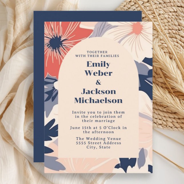 Invitation Mariage Moderne Navy Corail Crème Arch  (Navy and coral retro-style flowers wedding invitation)