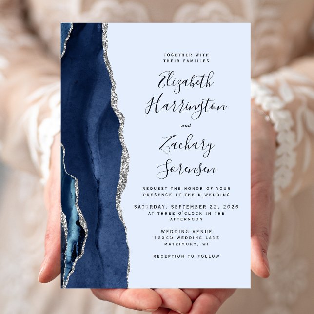 Invitation Mariage Moderne Navy et Agate Argent Bleu Pâle (Créateur téléchargé)