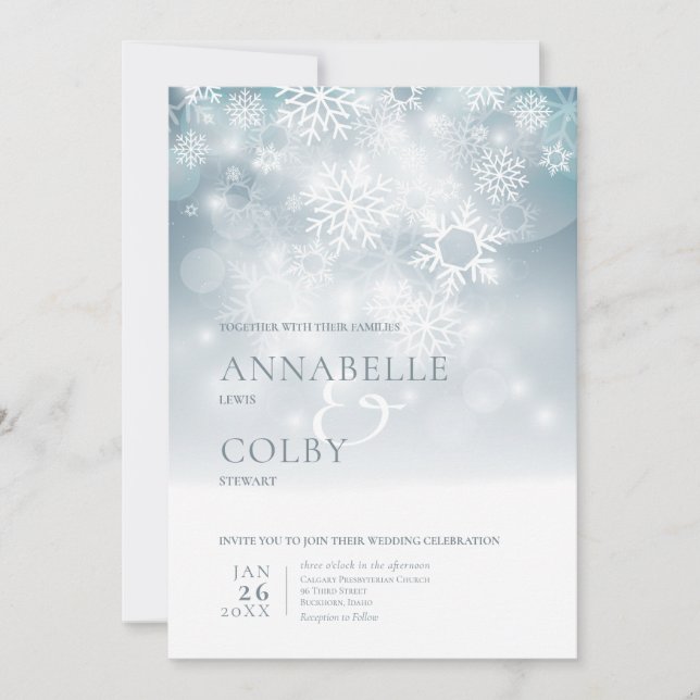 Invitation Mariage Moderne Neige Hivernale Bleu Poussiéreux (Devant)