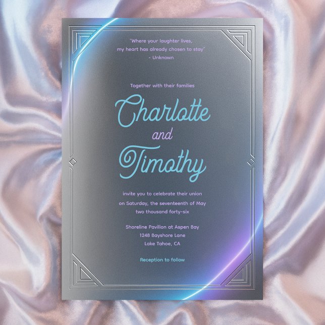 Invitation Mariage Moderne Néon Bleu Gris Violet Électrique (Modern Blue Gray Purple Electric Neon Glow Wedding Invitation
)