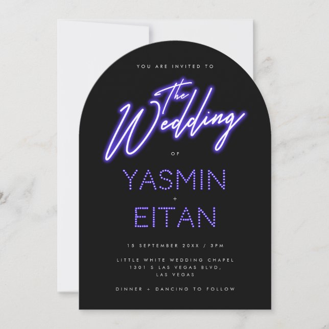 Invitation Mariage moderne Neon violet brillant Arche noire (Devant)