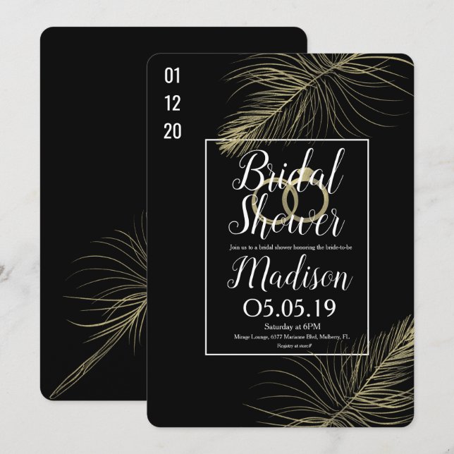 Invitation Mariage Moderne Noir avec Plume en Feuille d'Or (Devant / Derrière)