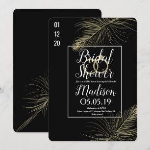 Invitation Mariage Moderne Noir avec Plume en Feuille d'Or