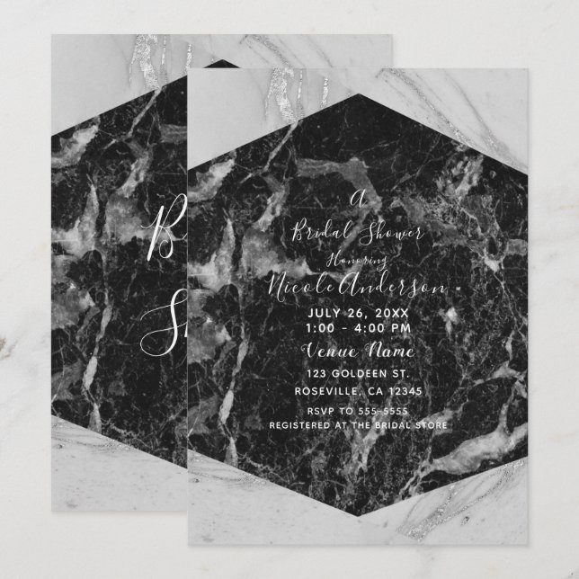 Invitation Mariage moderne noir blanc et argent Marbre (Devant / Derrière)