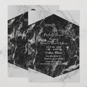 Invitation Mariage moderne noir blanc et argent Marbre