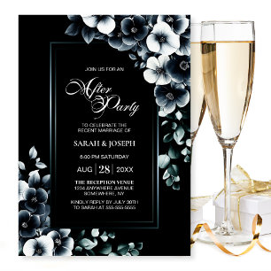 Invitation Mariage Moderne Noir Blanc Floral Après-Fête