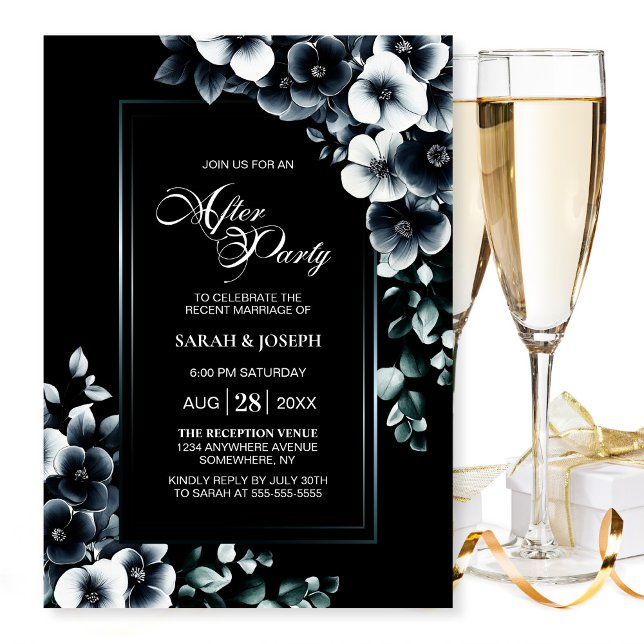 Invitation Mariage Moderne Noir Blanc Floral Après-Fête (Créateur téléchargé)