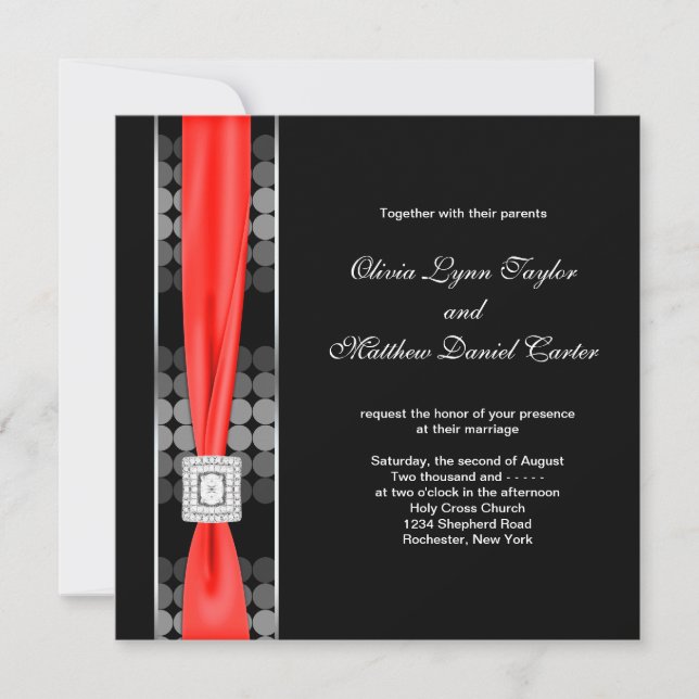 Invitation Mariage Moderne Noir Blanc Rouge Noir (Devant)