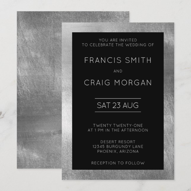 Invitation Mariage Moderne Noir et Argent Faux Foil (Devant / Derrière)
