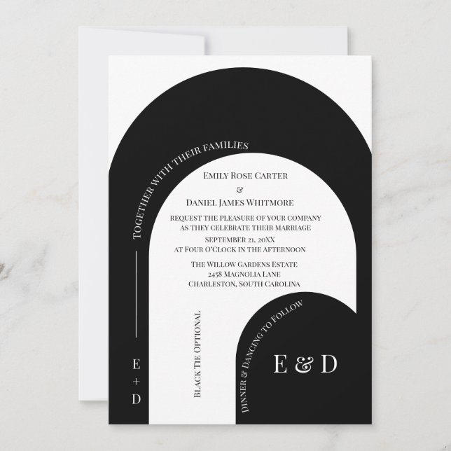 Invitation Mariage Moderne Noir et Blanc avec des Arches (Devant)