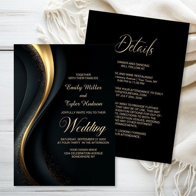 Invitation Mariage Moderne Noir et Or Tout en Un (Créateur téléchargé)