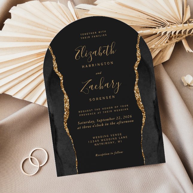 Invitation Mariage Moderne Noir Or Agate Arc Sombre (Créateur téléchargé)