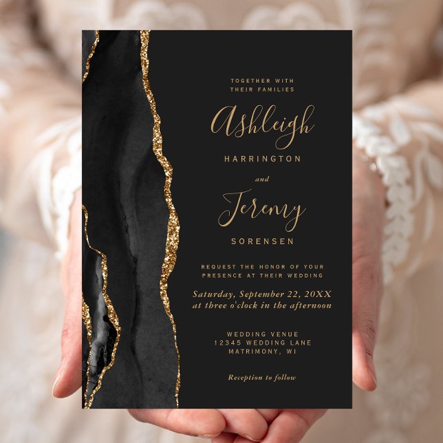 Invitation Mariage Moderne Noir Or Agate Foncé (Créateur téléchargé)