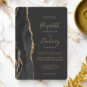 Invitation Mariage Moderne Noir Or Agate Foncé Arrondi