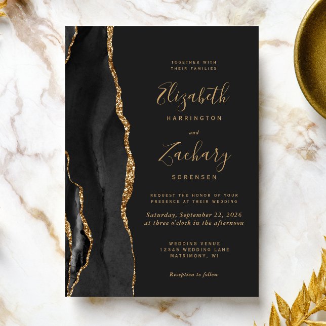 Invitation Mariage Moderne Noir Or Agate Sombre (The perfect choice for a black and gold themed wedding.)