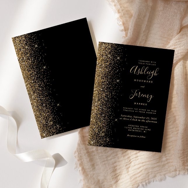 Invitation Mariage Moderne Noir Or Faux Paillettes Bordure (Créateur téléchargé)