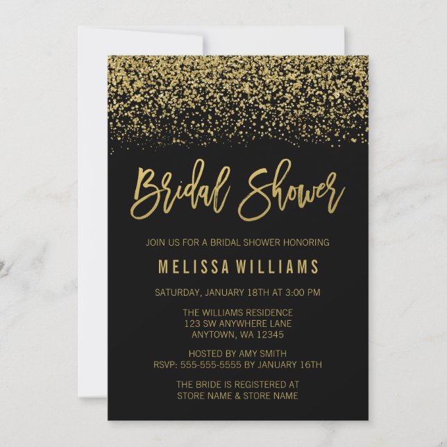 Invitation Mariage moderne noir paillettes or faux doré (Devant)