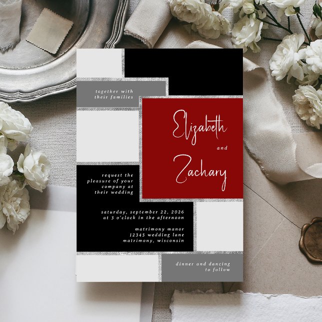 Invitation Mariage Moderne Noir Rouge Gris Argent (A unique choice for a wedding with a black, white, red and silver palette.)