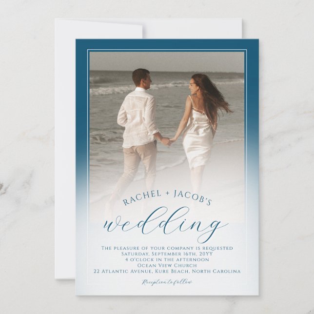 Invitation Mariage moderne Ocean Blue Ombre 2 photos (Devant)