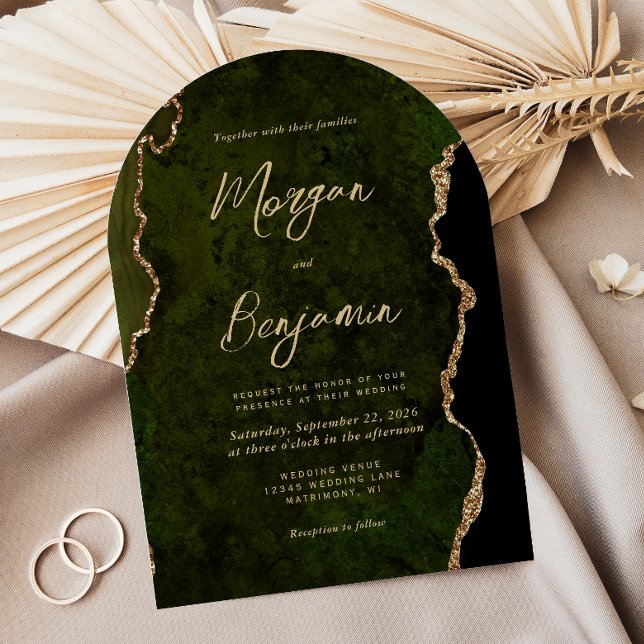 Invitation Mariage moderne Olive Green Agate Script Arche (Créateur téléchargé)