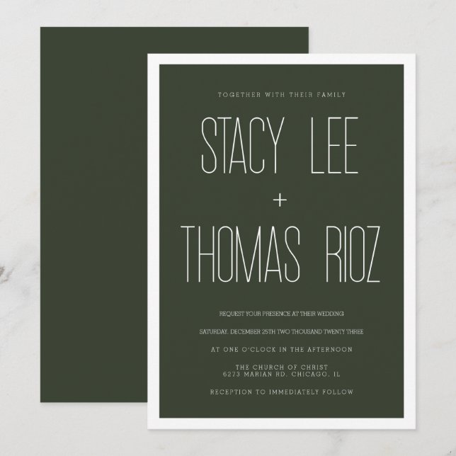 Invitation Mariage moderne Olive Green Typographie (Devant / Derrière)