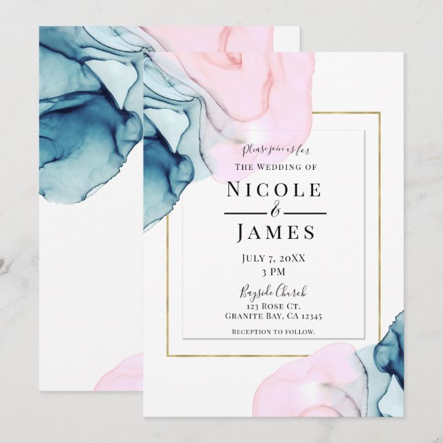 Invitation Mariage Moderne Or Élégant Rose Turquoise Éthéré (Devant / Derrière)