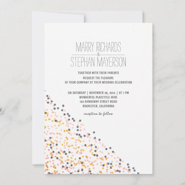 Invitation mariage moderne or rose et marine confetti (Devant)