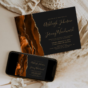 Invitation Mariage Moderne Orange Brûlé Agate Dorée Sombre