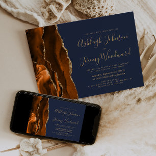 Invitation Mariage Moderne Orange Brûlé Or Agate Bleu Marine