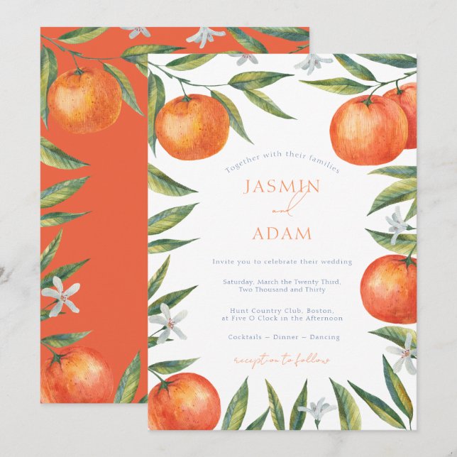 Invitation Mariage Moderne Orange Citrus Méditerranéen (Devant / Derrière)