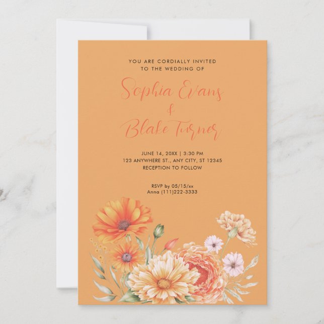 Invitation Mariage Moderne Orange et Rose Jardin Orange (Devant)