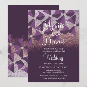 Invitation Mariage Moderne Oxalis Fleurs Violet Paillettes