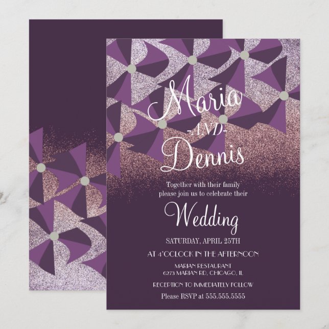 Invitation Mariage Moderne Oxalis Fleurs Violet Paillettes (Devant / Derrière)