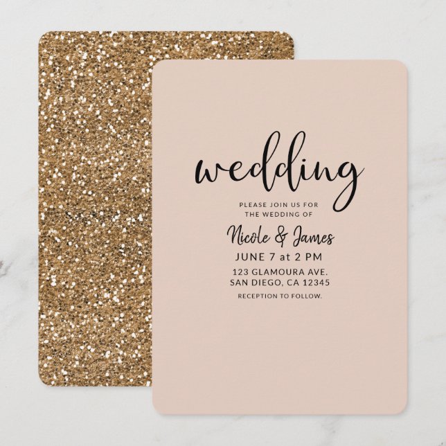 Invitation Mariage Moderne Paillettes Dorées Tendance TOUTE C (Devant / Derrière)