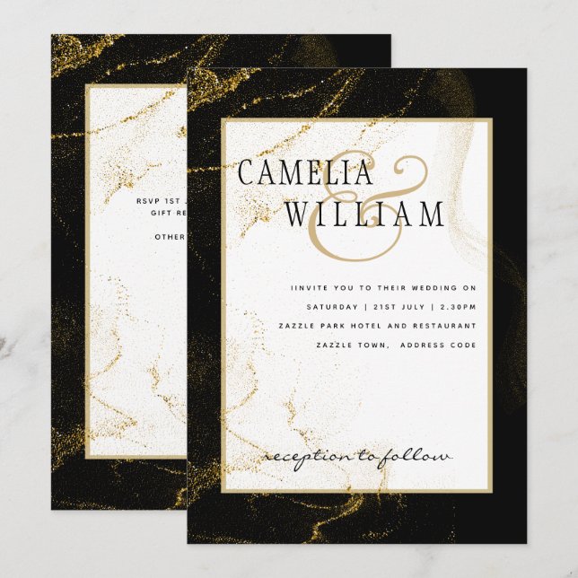 Invitation Mariage Moderne Paillettes Or Noir (Devant / Derrière)