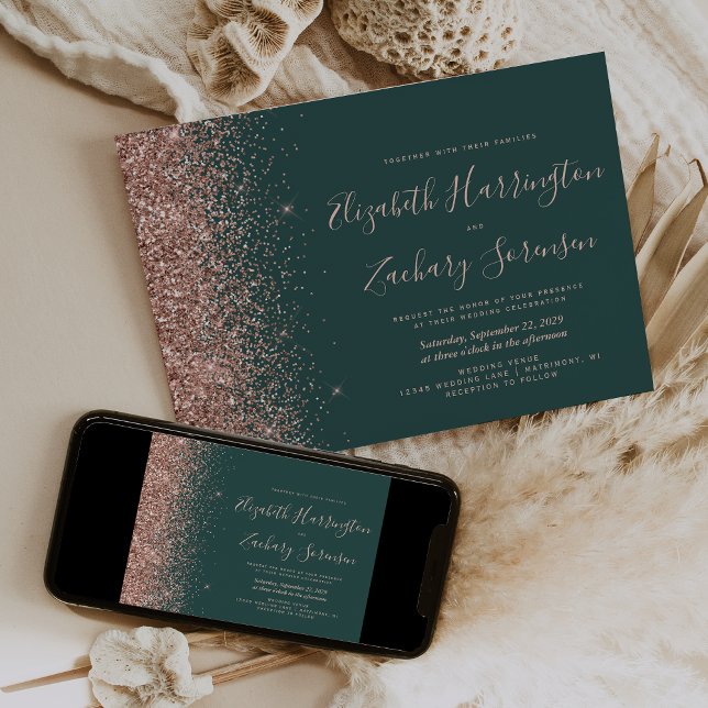 Invitation Mariage Moderne Paillettes Vert Foncé Or Rose (Créateur téléchargé)