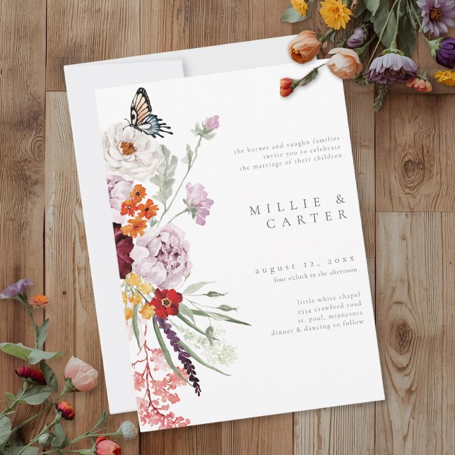 Invitation Mariage Moderne Papillon Fleur Sauvage Aquarelle (Watercolor Wildflower Butterfly Modern Wedding Invitation)