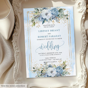 Invitation Mariage moderne Pastel Bleu Bleu Fleurs d'or Blanc