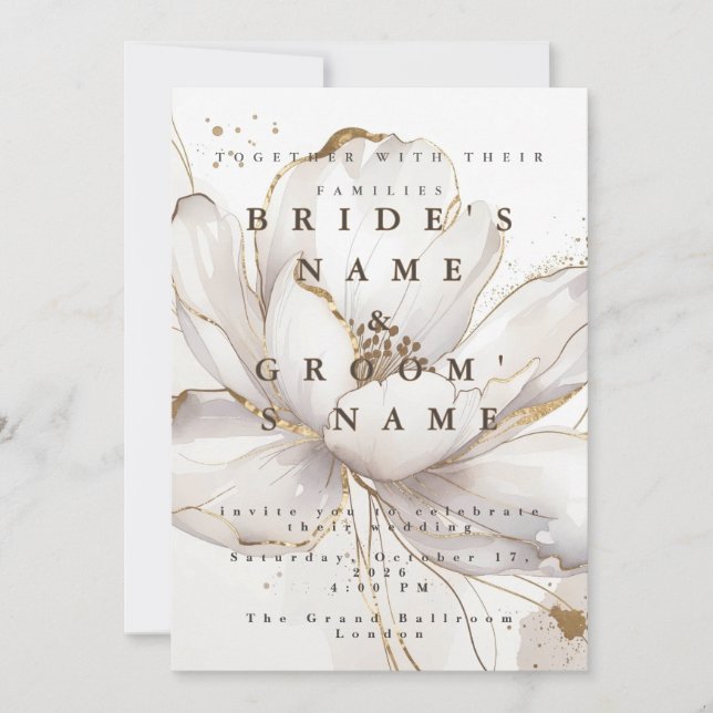Invitation Mariage moderne personnalisable blanc Magnolia or (Devant)