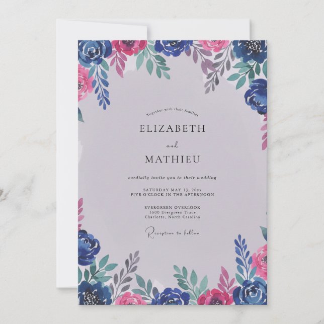 Invitation Mariage Moderne Pétale Magenta Cobalt (Devant)
