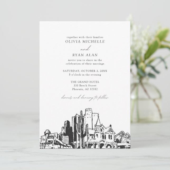 Invitation Mariage moderne Phoenix Skyline noir et blanc (Debout devant)
