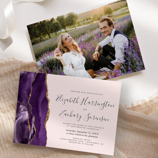 Invitation Mariage Moderne Photo Agate Dorée Violette Rose (Créateur téléchargé)