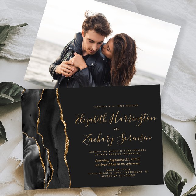 Invitation Mariage Moderne Photo Agate Noire Or Sombre (Créateur téléchargé)