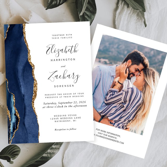Invitation Mariage Moderne Photo Agate Or Bleu Marine (Créateur téléchargé)
